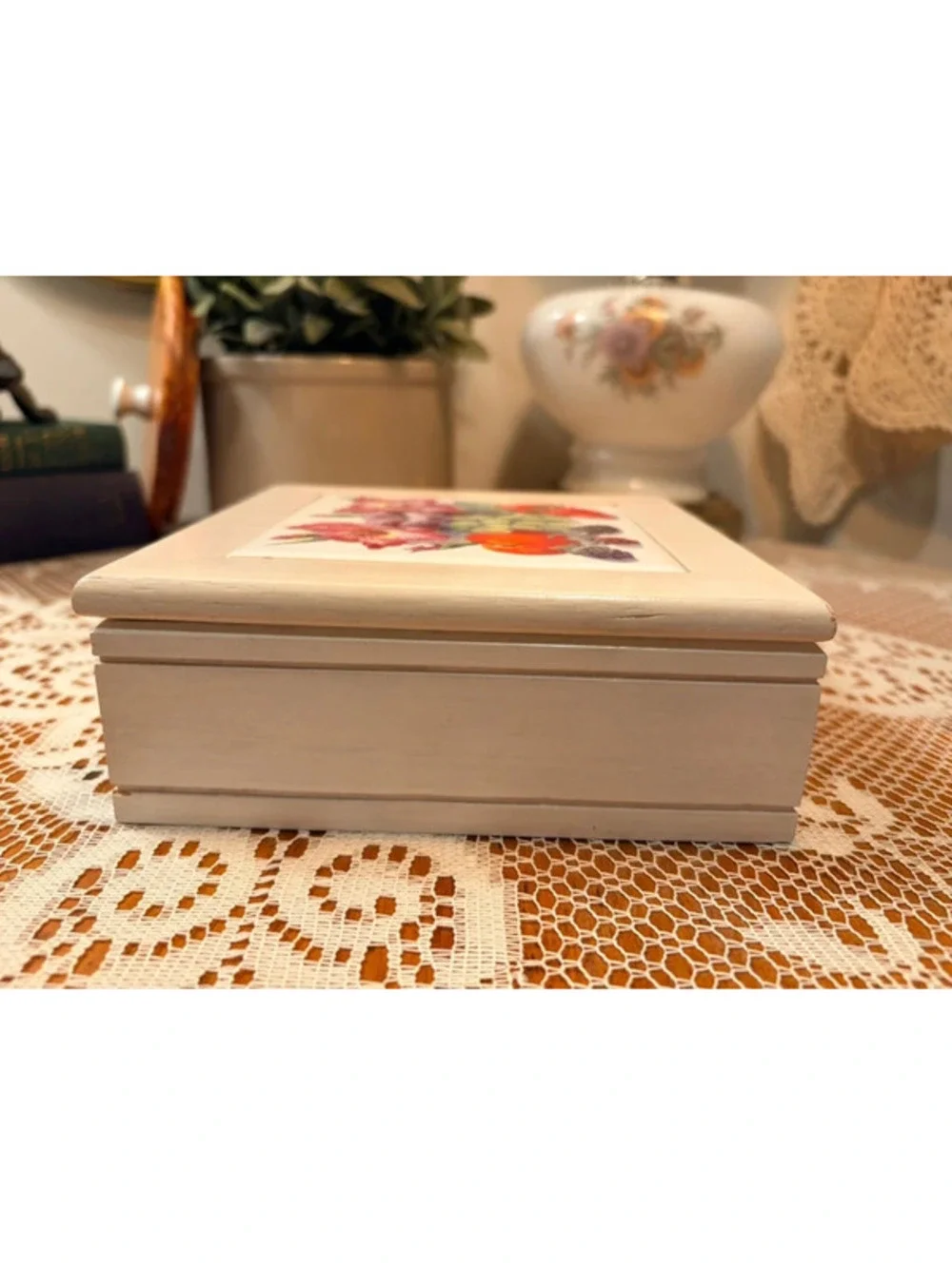 Floral Fruit Tile Wood Jewelry Box Pink Lined Cottage Decor